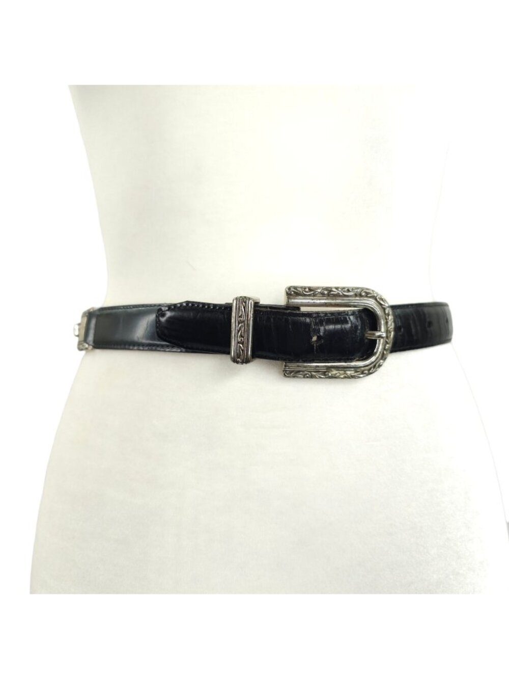 Brighton Faux Tortoise Shell Statement Belt Western Buckle Black Leather Vtg 90s